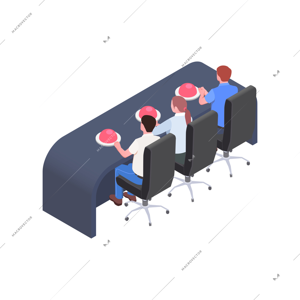 Tv talent show composition with view of three judges sitting at table with red buttons vector illustration