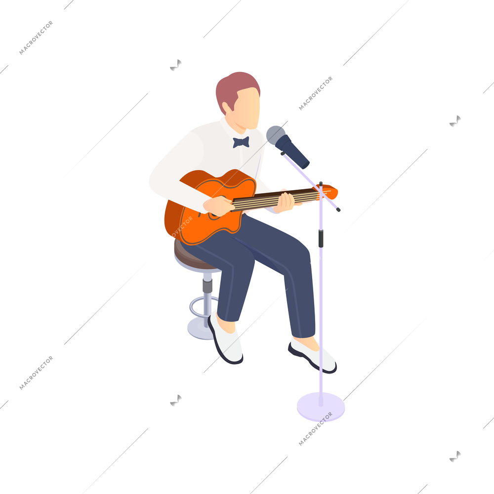 Tv talent show composition with performing guitarist sitting on chair singing in microphone vector illustration