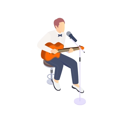 Tv talent show composition with performing guitarist sitting on chair singing in microphone vector illustration