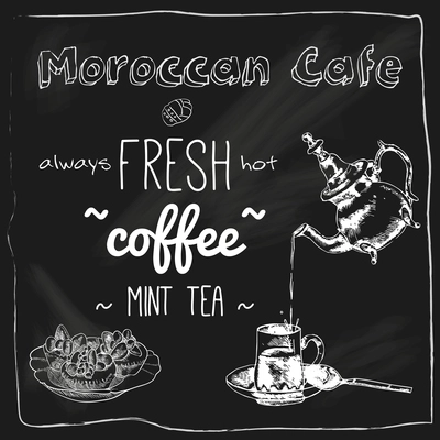 Moroccan cafe fresh mint tea blackboard advertisement design with teapot glass and cakes sketch chalk vector illustration