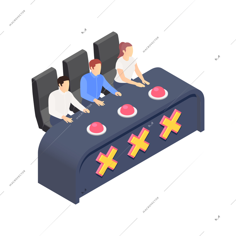 Tv talent show composition with view of three judges at table with buttons and crosses vector illustration