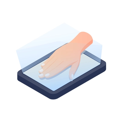 Biometric authentication recognition technology composition with isometric image of human hand touching big fingerprint scanner vector illustration