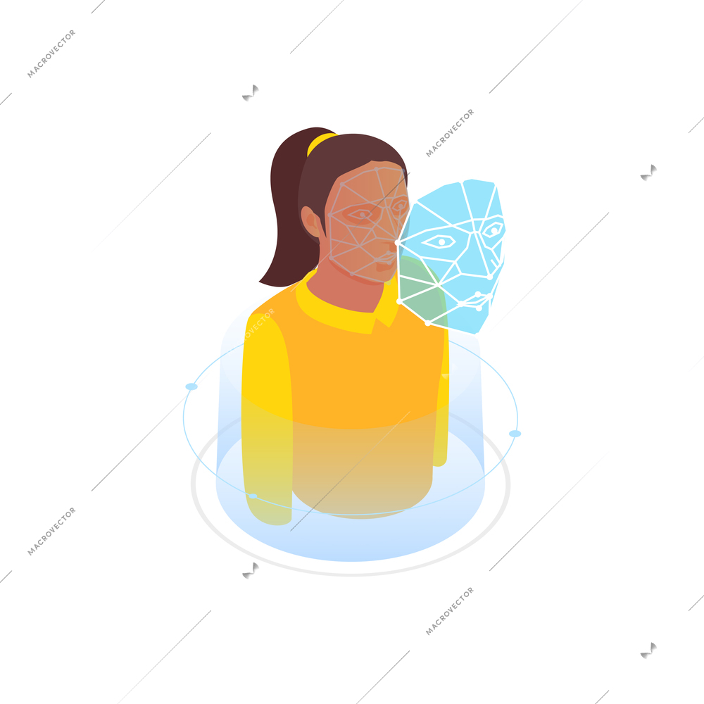 Biometric authentication recognition technology composition with isometric image of female face digital copy vector illustration
