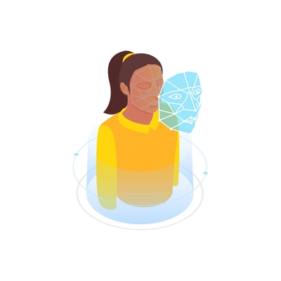 Biometric authentication recognition technology composition with isometric image of female face digital copy vector illustration