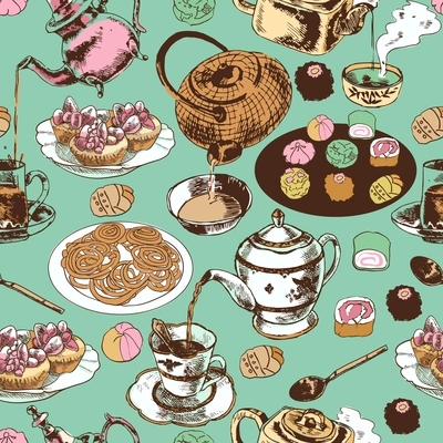 Classical oriental indian tea time ritual ceramic pot teacup saucer cupcakes wrap paper seamless pattern vector illustration