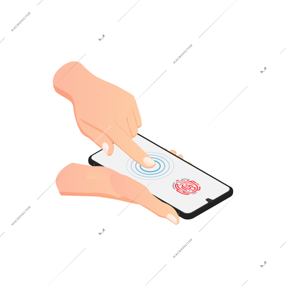 Biometric authentication recognition technology composition with isometric image of smartphone with finger on screen vector illustration