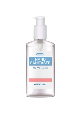 Hand sanitizer composition with realistic image of antivirus aerosol dispenser spray bottle with label vector illustration