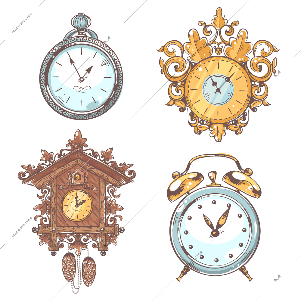 Old vintage retro clock and stopwatch colored sketch set isolated vector illustration