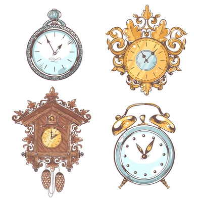 Old vintage retro clock and stopwatch colored sketch set isolated vector illustration