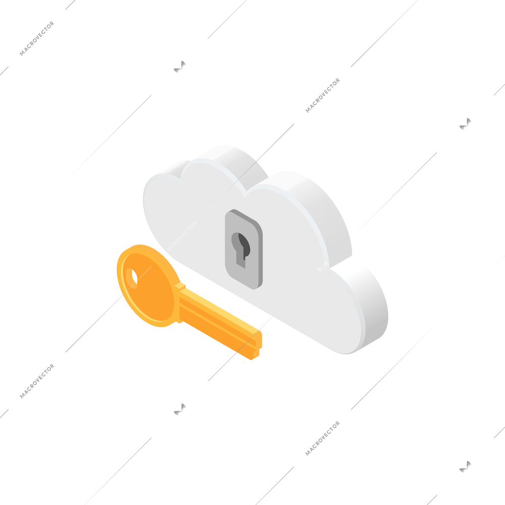 Biometric authentication recognition technology composition with isometric images of cloud with keyhole and golden key vector illustration