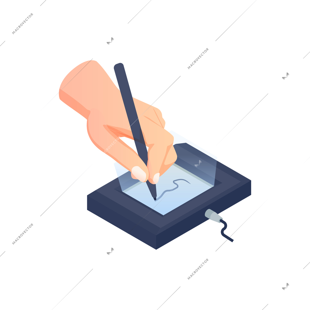 Biometric authentication recognition technology composition with isometric image of human hand writing signature vector illustration