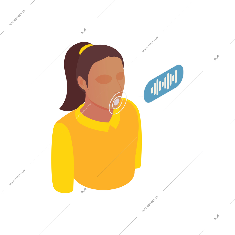 Biometric authentication recognition technology composition with isometric female character with thought bubble for voice recognition vector illustration
