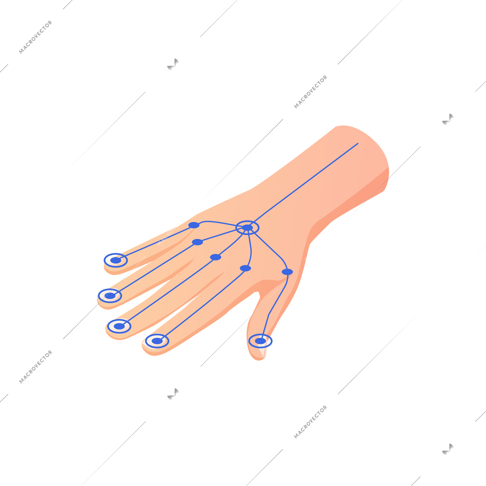 Biometric authentication recognition technology composition with isometric image of human hand with lines vector illustration