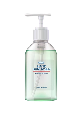 Hand sanitizer composition with realistic image of antivirus aerosol dispenser spray bottle with label vector illustration