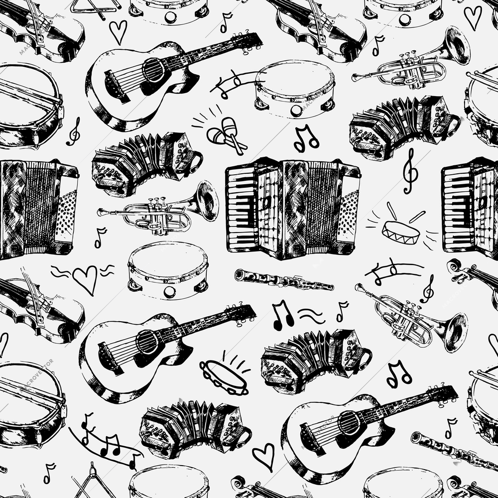 Decorative musical store wrapping paper seamless pattern with classical strings percussion jazz instruments doodle sketches vector illustration