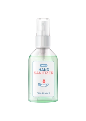 Hand sanitizer composition with realistic image of antivirus aerosol dispenser spray bottle with label vector illustration