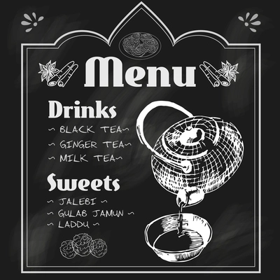 Indian tea house blackboard menu for mint ginger milk hot beverage with sweets chalk sketch vector illustration