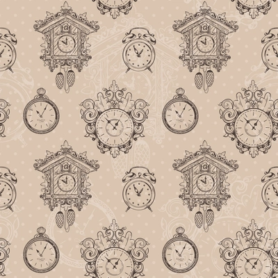 Old vintage clock and stopwatch sketch seamless pattern vector illustration