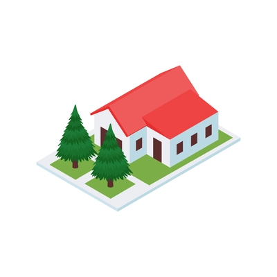 Isometric industrial city composition with isolated image of private house building with trees vector illustration