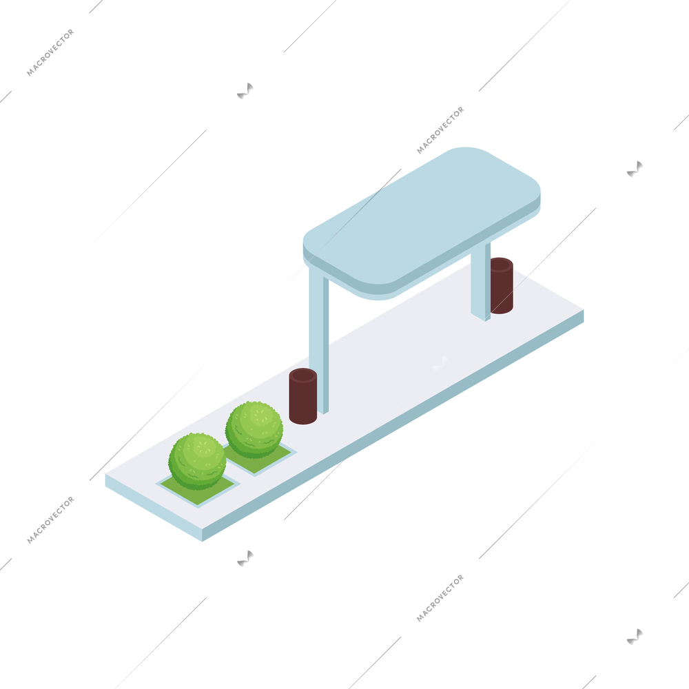 Isometric industrial city composition with isolated image of bus stop vector illustration