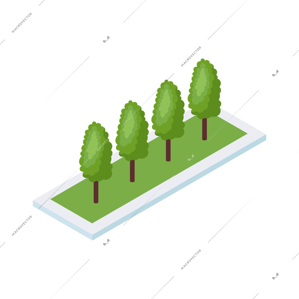 Isometric industrial city composition with isolated image of garden bed with four similar trees vector illustration