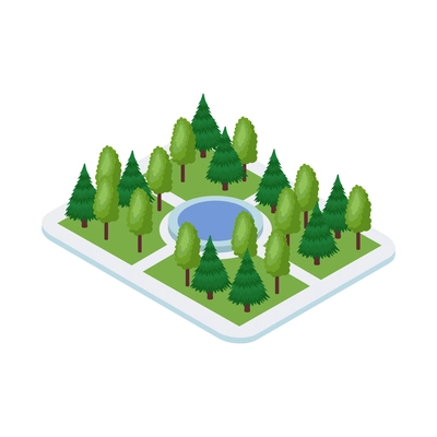 Isometric industrial city composition with view of park with trees lanes and round lake vector illustration