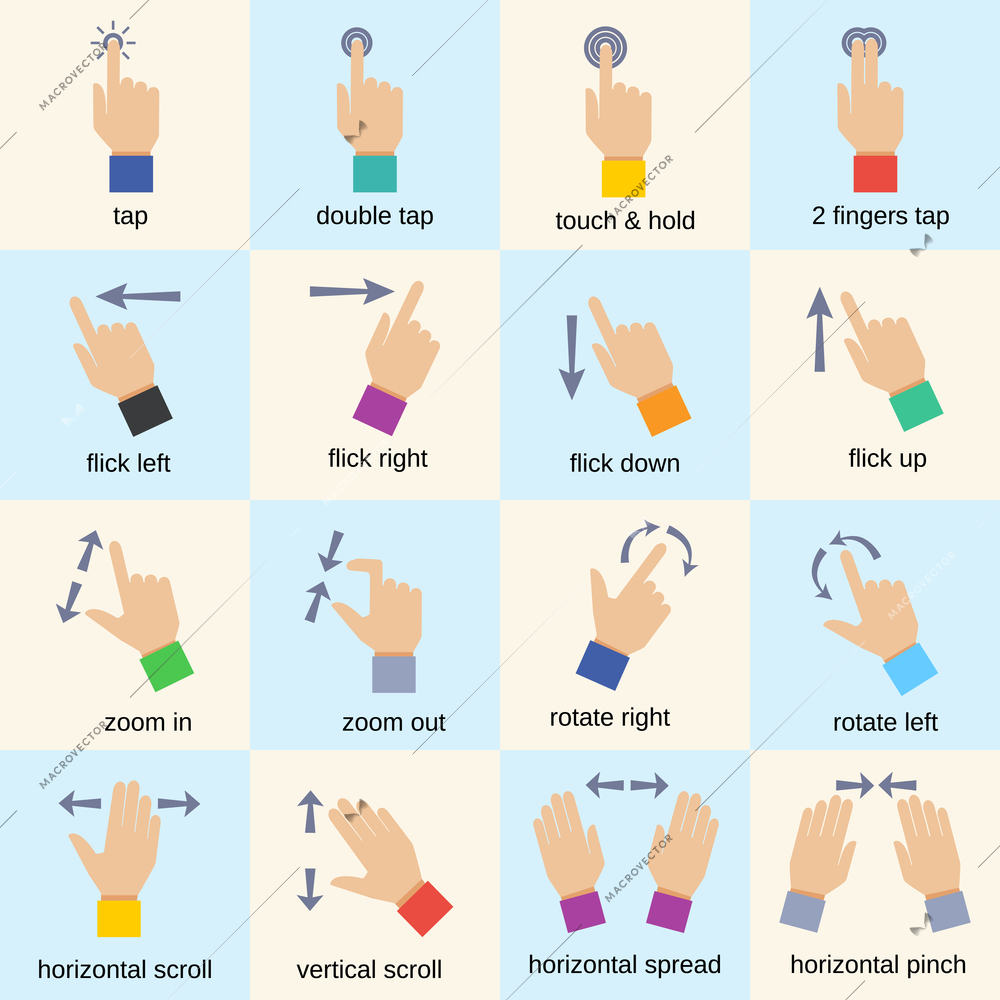 Touch interface hand gestures icons isolated vector illustration