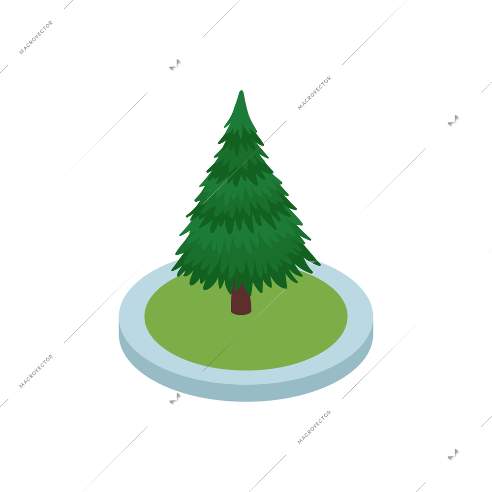 Isometric industrial city composition with isolated image of fir needle tree in round bed vector illustration