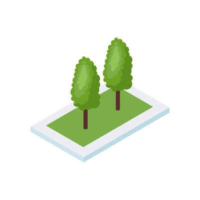 Isometric industrial city composition with isolated image of two green trees in garden bed vector illustration