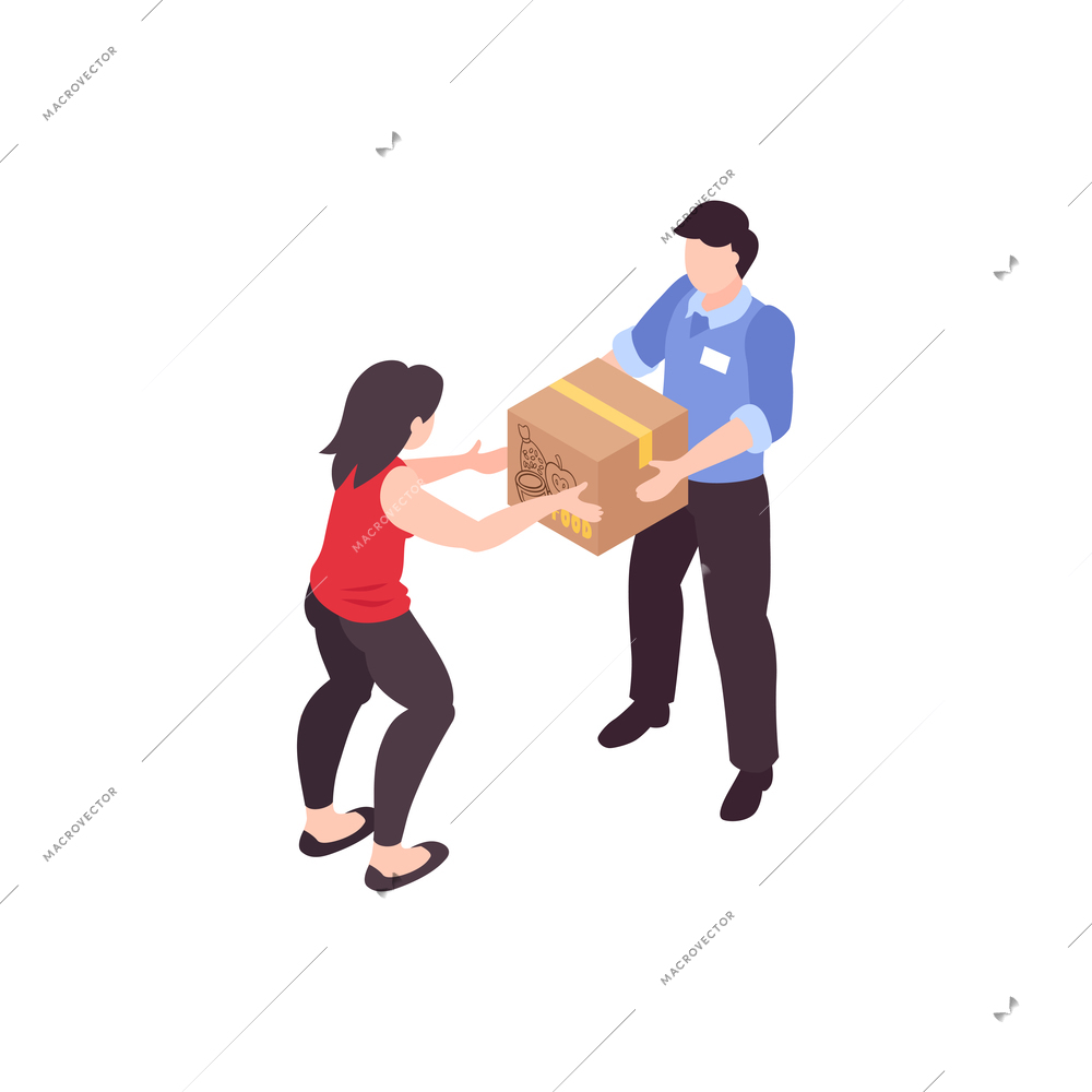 Humanitarian support isometric composition with character of worker giving food box to woman vector illustration