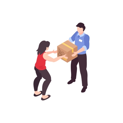 Humanitarian support isometric composition with character of worker giving food box to woman vector illustration