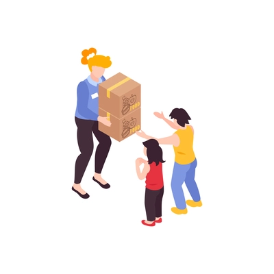 Humanitarian support isometric composition with poor family receiving aid boxes from volunteer vector illustration