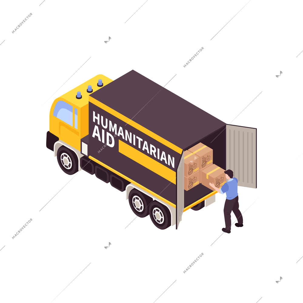 Humanitarian support isometric composition with isolated image of cargo truck full of aid boxes vector illustration