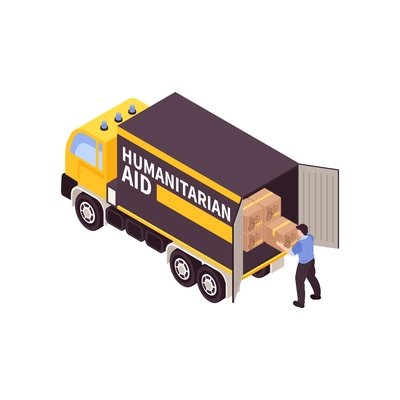 Humanitarian support isometric composition with isolated image of cargo truck full of aid boxes vector illustration