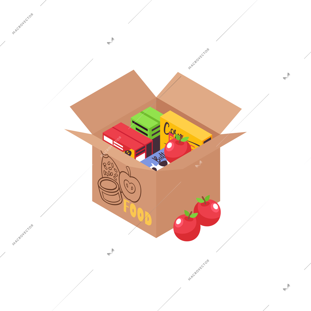 Humanitarian support isometric composition with isolated image of carton box filled with food products vector illustration