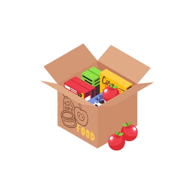 Humanitarian support isometric composition with isolated image of carton box filled with food products vector illustration