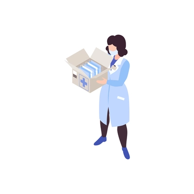 Humanitarian support isometric composition with female doctor holding big box with masks vector illustration