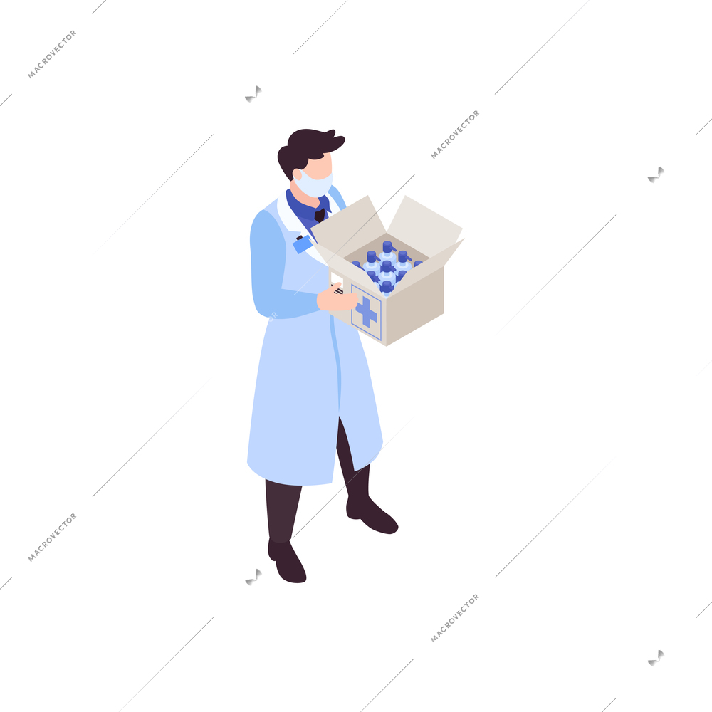 Humanitarian support isometric composition with isolated character of doctor with sanitizer bottles in box vector illustration