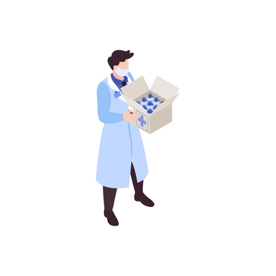 Humanitarian support isometric composition with isolated character of doctor with sanitizer bottles in box vector illustration