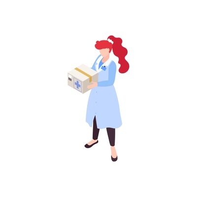 Humanitarian support isometric composition with isolated female character of doctor holding carton box vector illustration