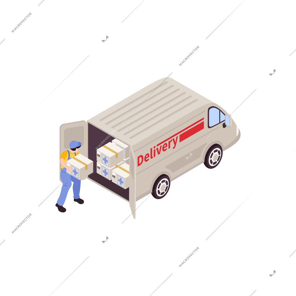 Humanitarian support isometric composition with delivery service worker loading boxes into van vector illustration