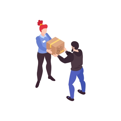 Humanitarian support isometric composition with characters of woman giving carton box to man vector illustration