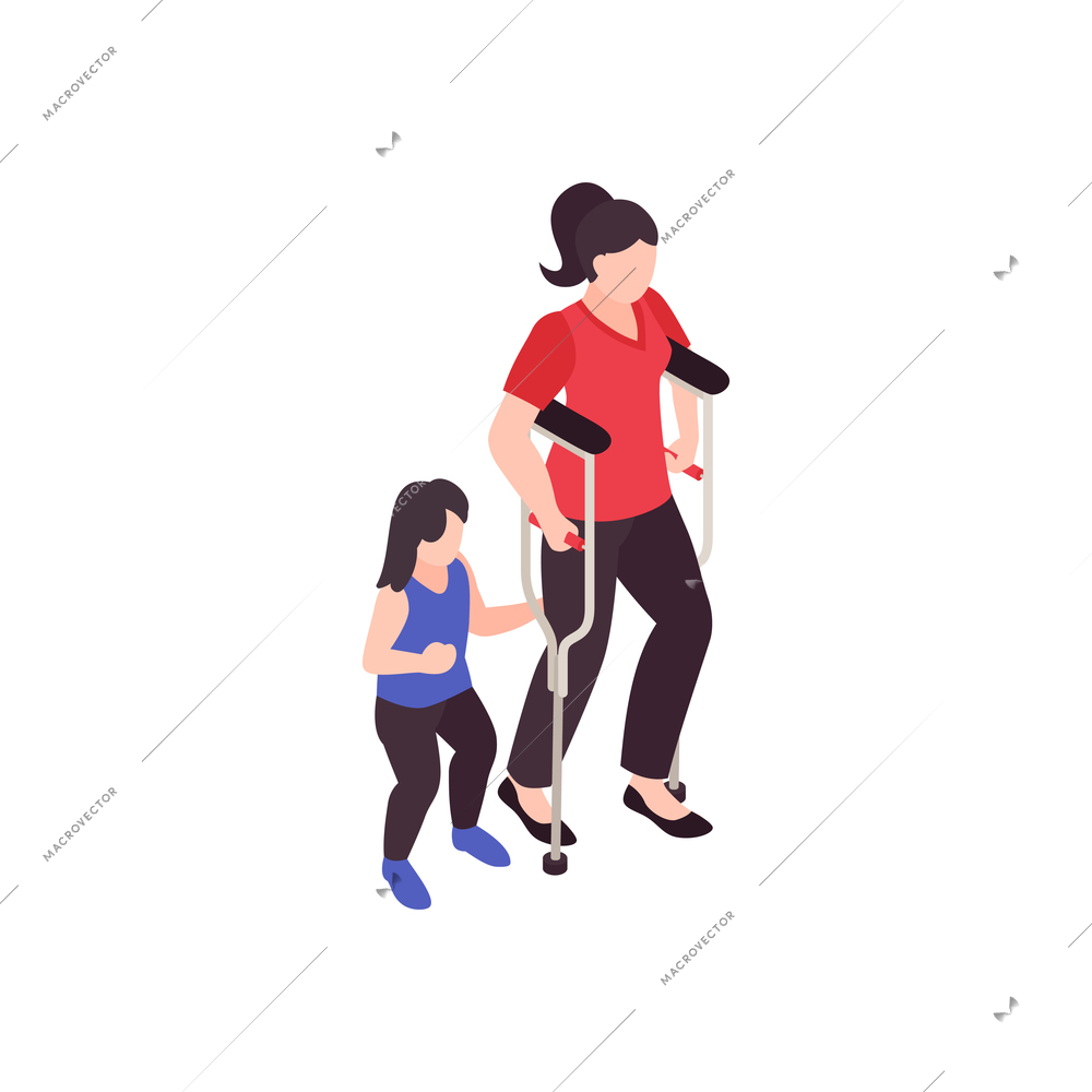 Humanitarian support isometric composition with characters of daughter with mother walking on crutches vector illustration