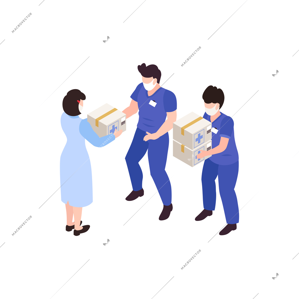 Humanitarian support isometric composition with medical specialists carrying carton boxes vector illustration