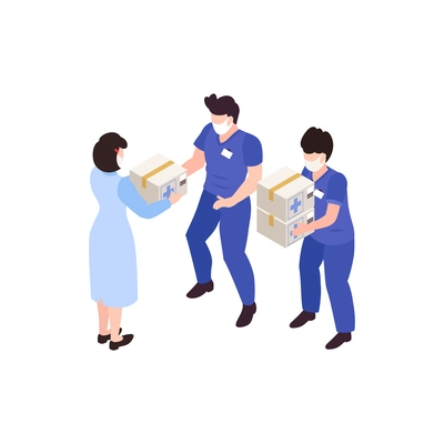 Humanitarian support isometric composition with medical specialists carrying carton boxes vector illustration