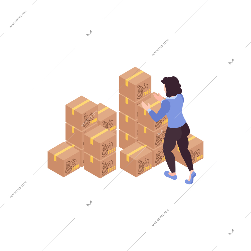 Humanitarian support isometric composition with female character taking single box from stacks of humanitarian supplies vector illustration