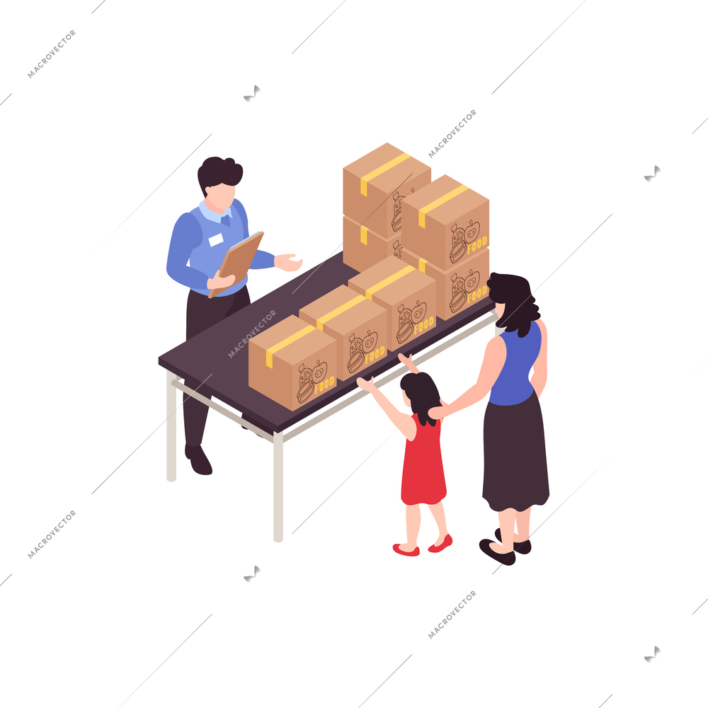 Humanitarian support isometric composition with view of worker giving supplies to mother with daughter vector illustration