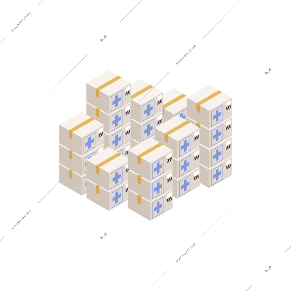 Humanitarian support isometric composition with stacks of parcels containing humanitarian supplies vector illustration