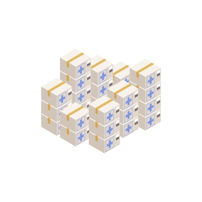 Humanitarian support isometric composition with stacks of parcels containing humanitarian supplies vector illustration