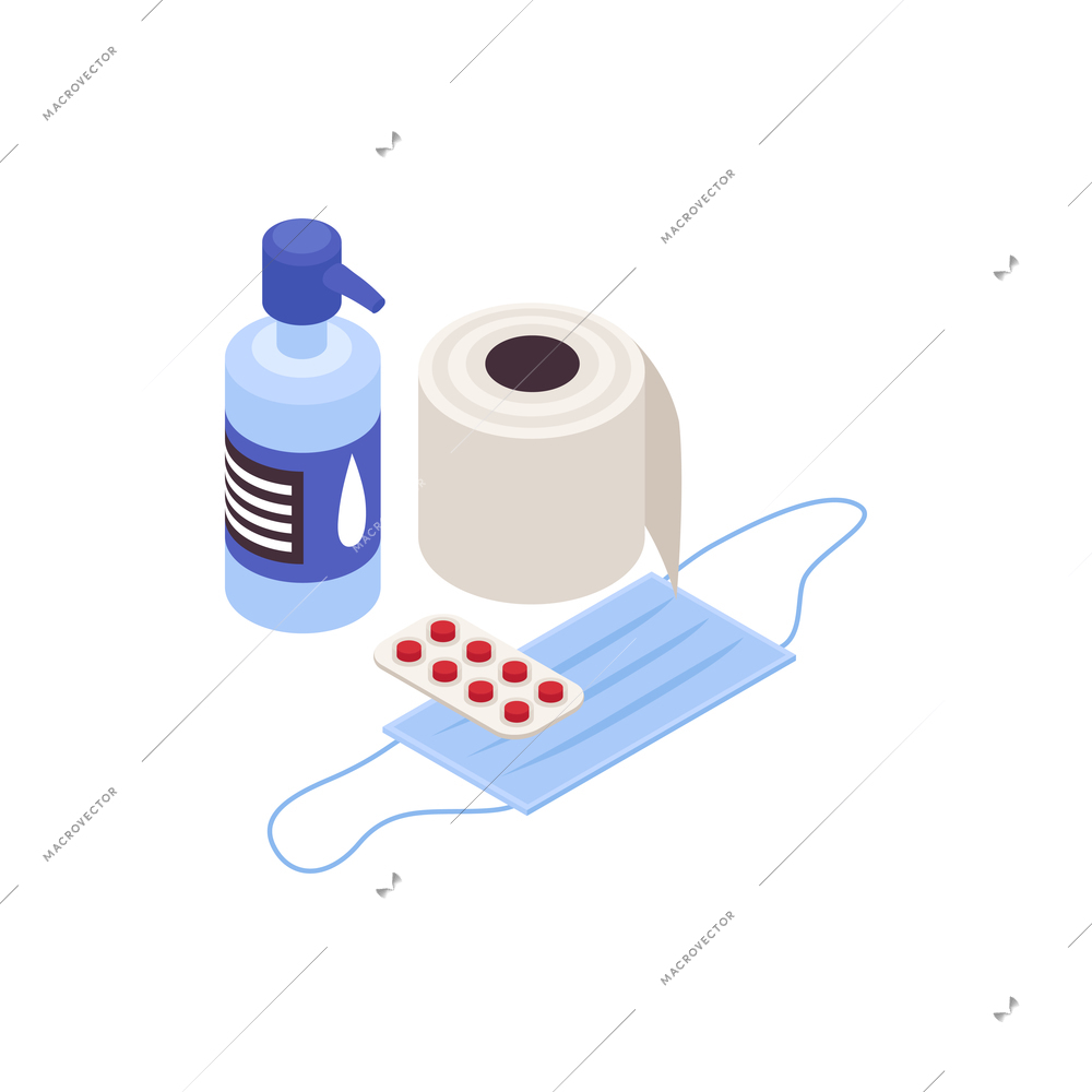 Humanitarian support isometric composition with sanitizer bottle toilet paper mask and pills vector illustration